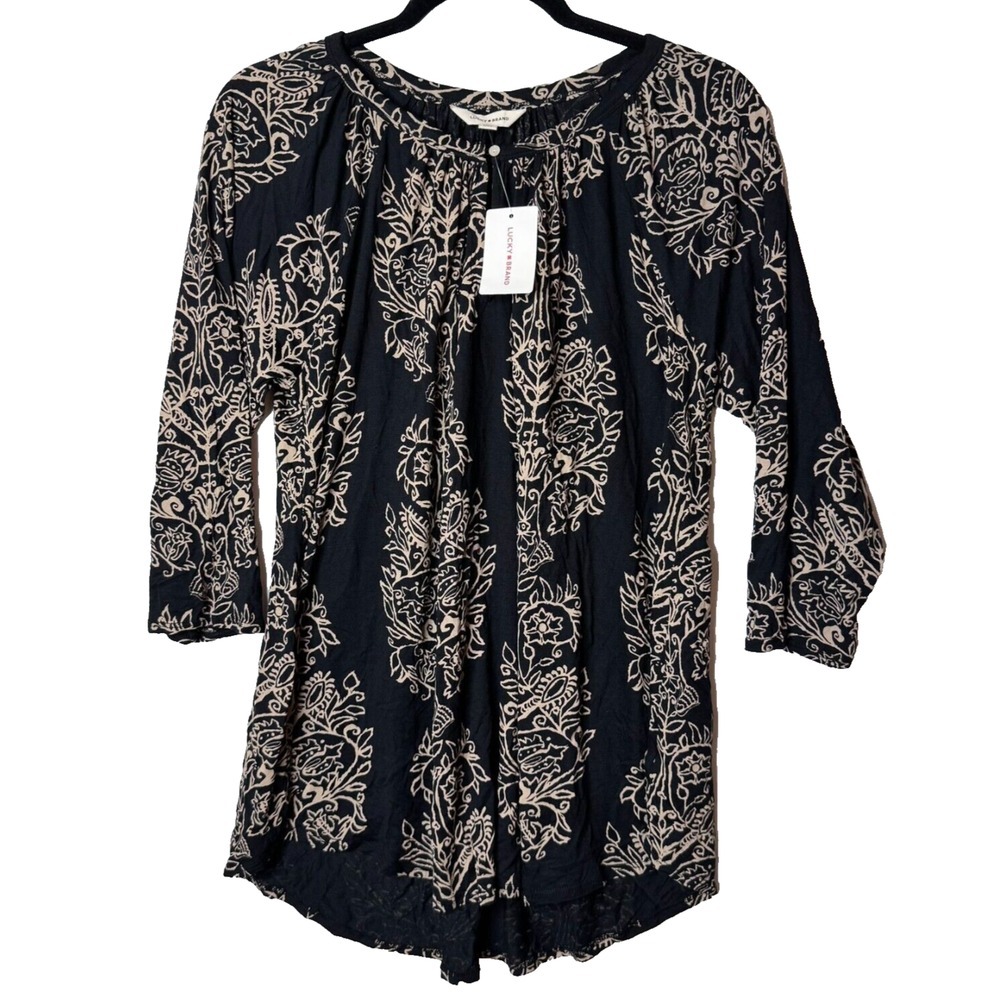 Lucky Brand Tunic Top Sz 1X NEW Black Embroidered Boho 3/4 Slv‎ Cottage Peasant